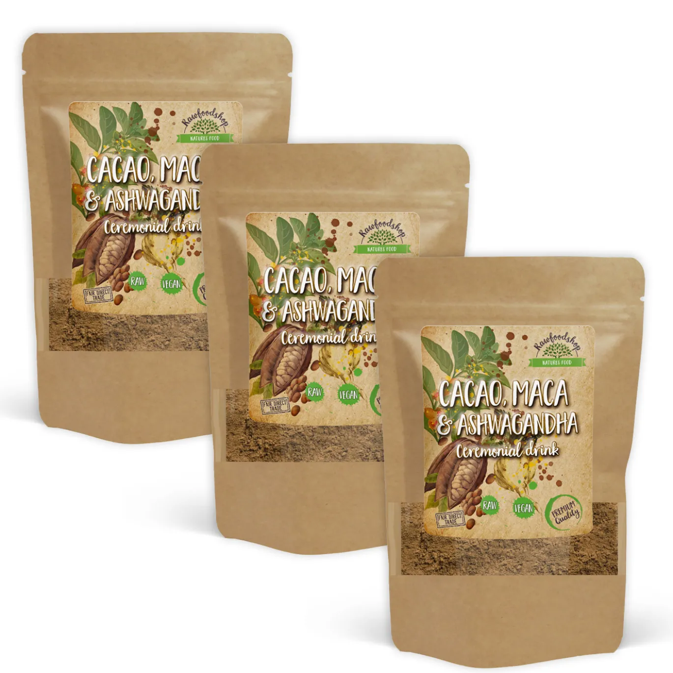 Kakaopulver Ceremoniell Ashwagandha & Maca 100g x 3 paket