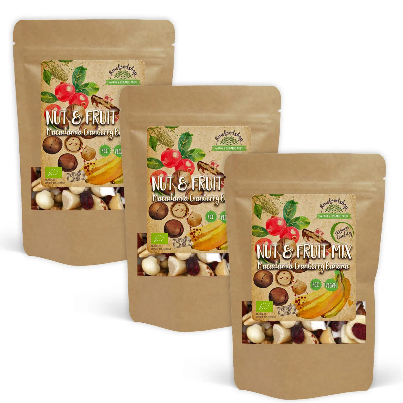 Nöt- & Fruktmix Macadamia Tranbär Banan EKO 500g x 3 paket